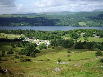 the view from the hill loking over the campsite and lake windermere
